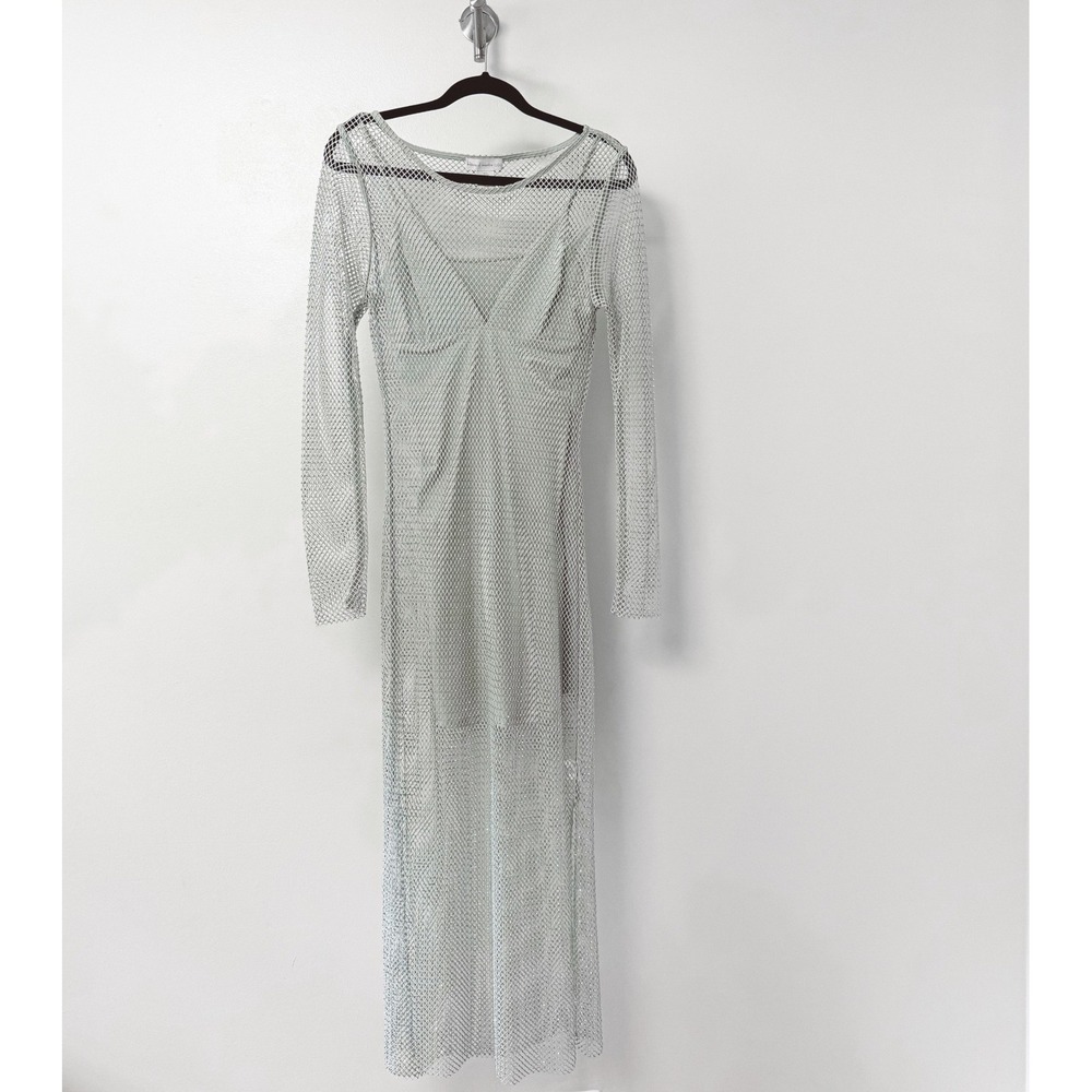House of Harlow 1960 Silver Rhinestone‎ Blue Mesh Maxi Dress with Slip Set Small